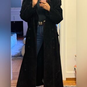 Vintage Black Suede Oversized Duster Coat - shoulder pads, belted style